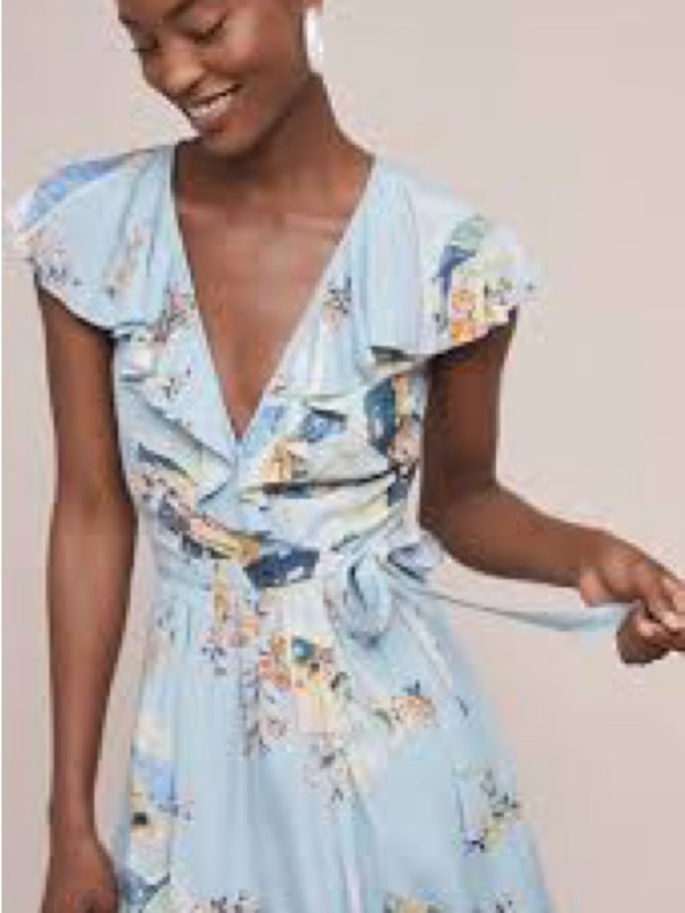 Anthropologie Pale Blue Floral Wrap Mini Dress